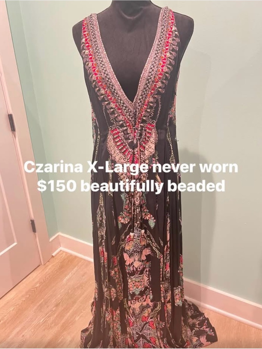 Black Beaded V-Neck Maxi Dress with Floral Print